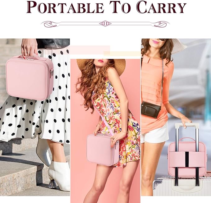 Travel Makeup Bag Organizer, 10.2 Inches Portable Makeup Train Case Cosmetic Brush Artist Storage Bag with Adjustable Dividers and Shoulder Strap (Pink)