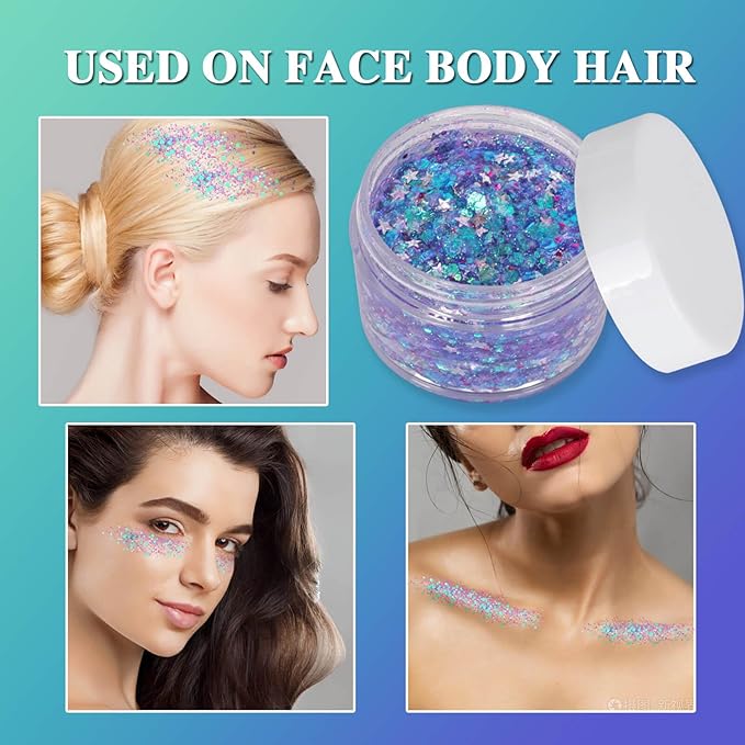 Pamnify Light Purple Face Glitter Gel,Purple Mermaid Costume Hair Glitter,Mardi Gras Outfit for Women,Singer Concerts Festival Body Glitter,Sparkling Sequins Face Glitter Makeup