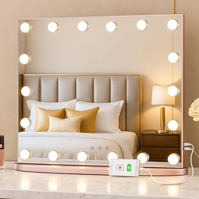 LUXFURNI Hollywood Glamour Vanity Mirror with 4 Extra Bottom Bulbs | Shadow-Free, Perfect Makeup View | Desk & Wall Mountable | 3 Color Modes for Office, Outdoor, Party Looks | USB Charging