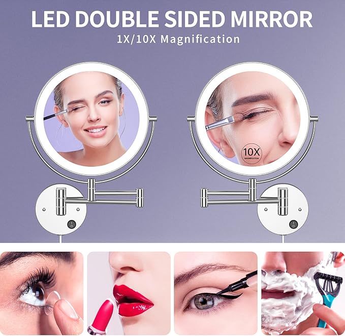 Benbilry 9" Large Size Wall Mounted Lighted Makeup Vanity Mirror, 1X/10X Magnifying 2-Sided AC Plug-in Powered Bathroom Mirror, 360° Swivel 13 Inch Extendable Arm, Chrome