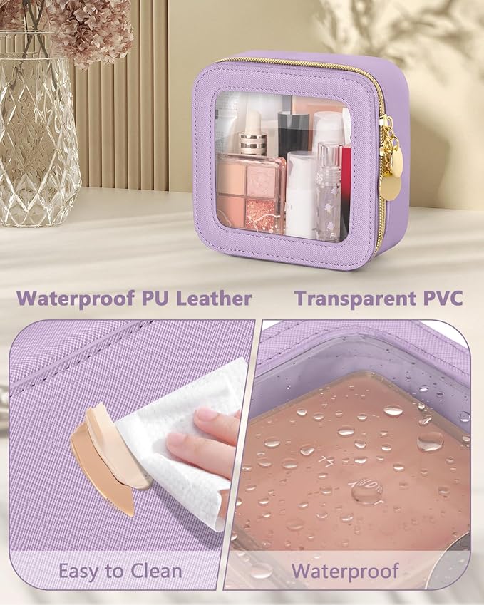 Mini Makeup Bag, Small Makeup Bag for Purse, Waterproof Clear Makeup bag, Leather Cosmetic Bag, Square Make Up Bag Pouch, Toiletry Bag for Travel, Car and Women, Purple