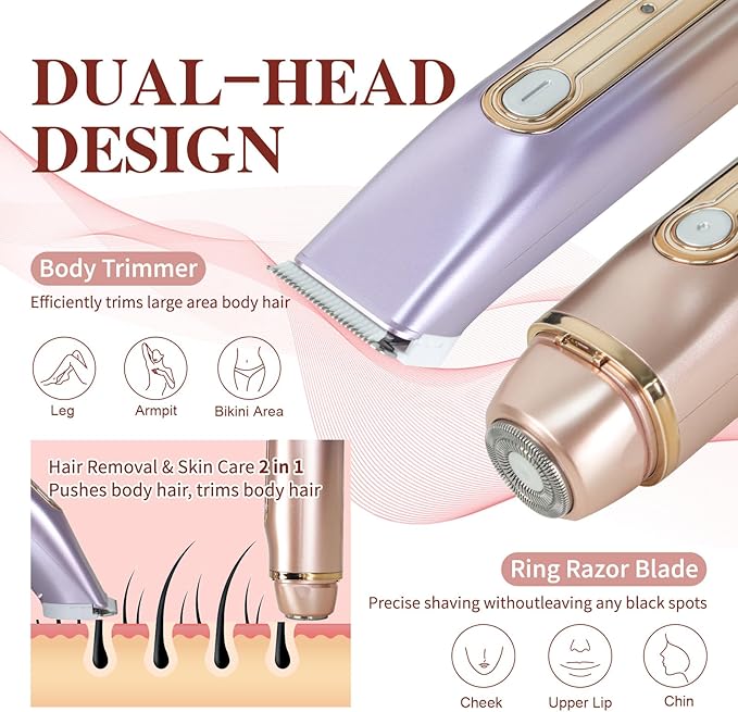Dual-Head Women's Hair Trimmer – Safe Body, Bikini & Facial Hair Removal, Wet & Dry, USB Rechargeable, Travel-Friendly Personal Grooming