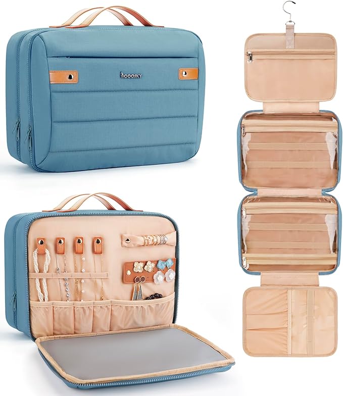 Women's Hanging Toiletry Bag, Waterproof Travel Cosmetic Organizer with Jewelry Storage, Large Capacity Makeup Case for Full-Size Skincare & Bathroom Essentials, Portable Cosmetic kit, Blue