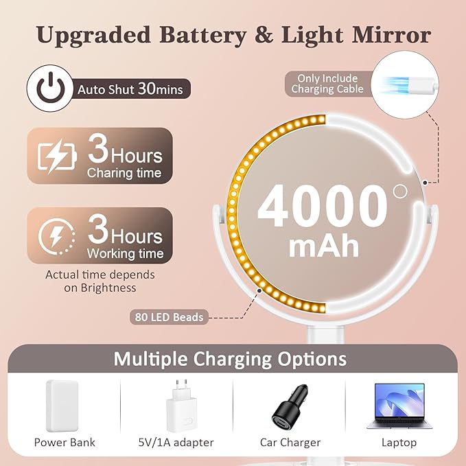 15X/1X Lighted Magnifying Mirror, 4000mAh Rechargeable Makeup Mirror with 3 Level LED Light, 360° Rotation 2 Sided Vanity Desk Mirror, Dimmable Adjustable Height Table Makeup Mirror Phone Stand