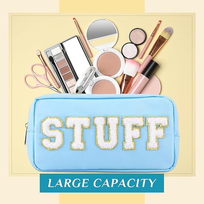 Cunno 4 Pcs Preppy Makeup Bags Chenille Letter Stuff Bag Nylon Cosmetic Pouch Cases with Zipper for Women Travel Toiletry