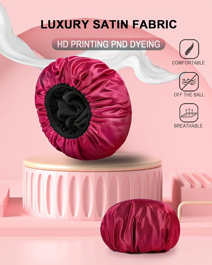 YIZIJIZI Triple Layer Reusable Waterproof Shower Cap for Women Large Terry Lined Hair Cap for Long Thick Hair Travel Bath Care Red