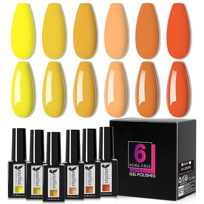 beautilux Yellow Gel Nail Polish Set- 6 Pcs Orange Yellow Hema-Free Gel Polish Color Soak Off LED Gel Nail Manicure for Women Girls