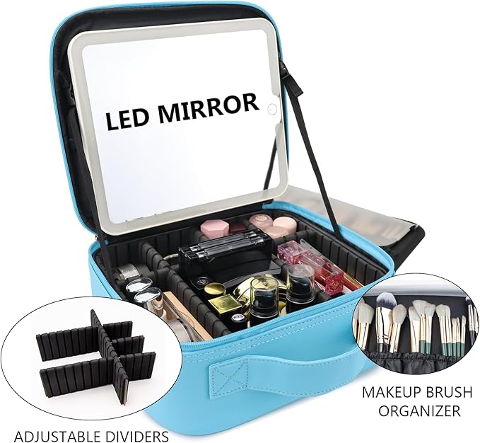 Travel Makeup Bag with LED Mirror Travel Makeup Organizer with 3 Lighted Settings, Adjustable Dividers and Makeup Brush Storage Bag Blue