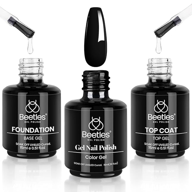 Beetles 3 Pcs No Wipe Gel Top Coat Base Coat & Black Gel Nail Polish Set, Shine Finish and Long Lasting, Soak Off LED Lamp Base Top Uv Lamp Nail Art Manicure Gifts for Women