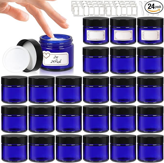 2 oz Blue Glass Jars with Lids 24Pack, Small Jars with Lids 2 oz with Inner Liners for Sample, Powder, Cream, Lotion and Ointments with Stickers & Spatulas Included