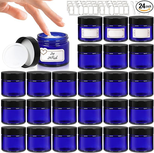 2 oz Blue Glass Jars with Lids 24Pack, Small Jars with Lids 2 oz with Inner Liners for Sample, Powder, Cream, Lotion and Ointments with Stickers & Spatulas Included