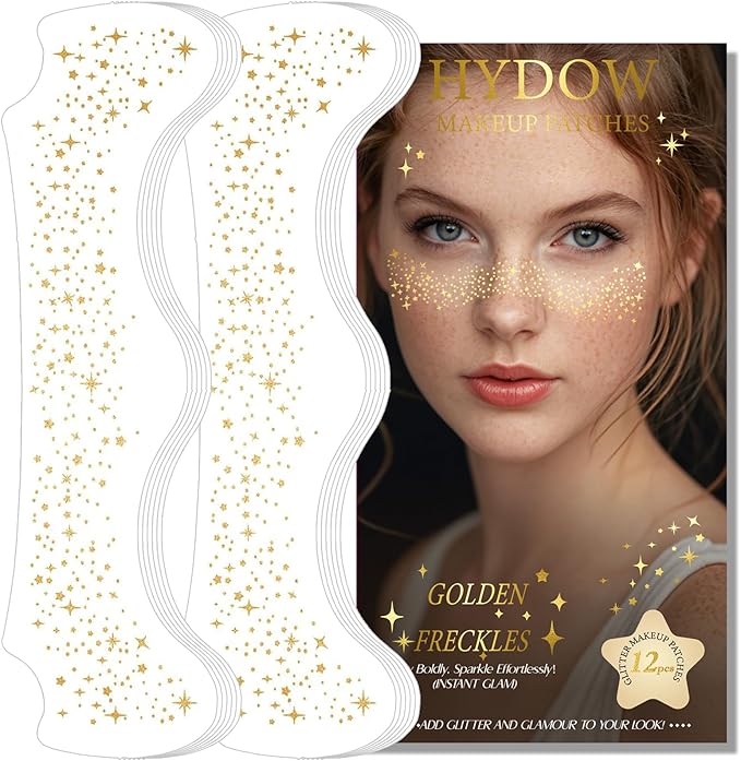 Glitter Freckles, Holographic Face and Body Glitter Tattoo Sparkle for Women Gold Glow Cosmetic Star Makeup Accessories for Festival Rave (12pcs Gold)