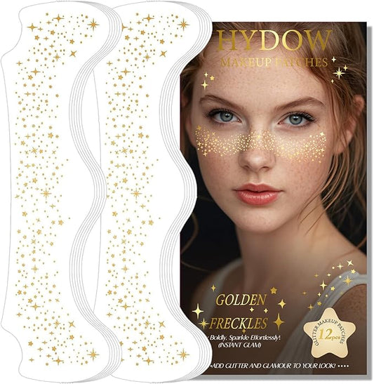 Glitter Freckles, Holographic Face and Body Glitter Tattoo Sparkle for Women Gold Glow Cosmetic Star Makeup Accessories for Festival Rave (12pcs Gold)