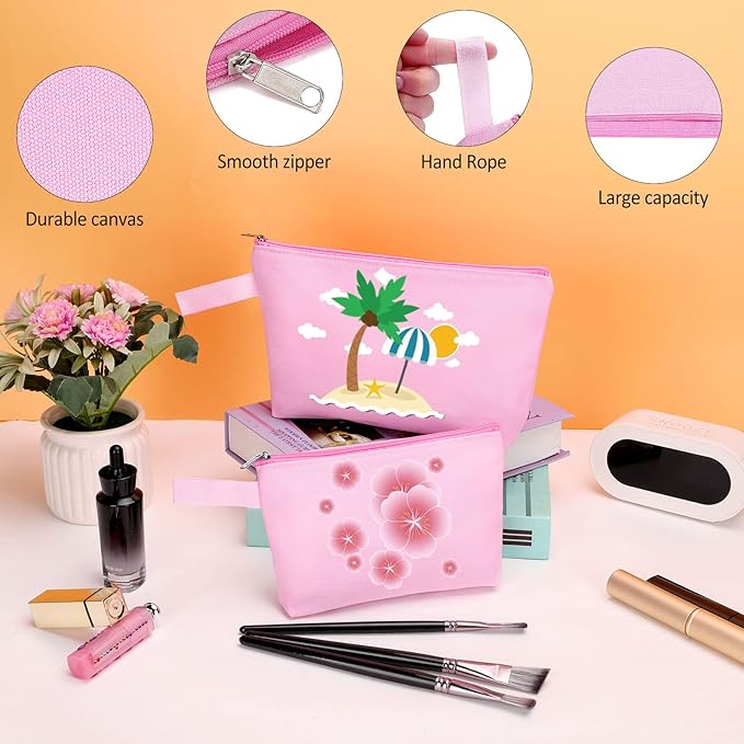 10 Pieces Cotton Canvas Makeup Bag with Bottom and Strap, Multi-Purpose Cosmetic Bag with Zipper Travel Toiletry Pouch, Blank DIY Craft Bag (Pink, S)