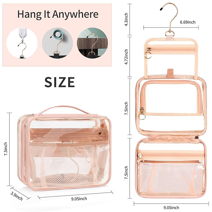 CUBETASTIC Hanging Travel Toiletry Bag for Women, Clear Makeup Bags Portable Transparent Cosmetic Case Small Skincare Pouch Waterproof Travel Bag for Toiletries