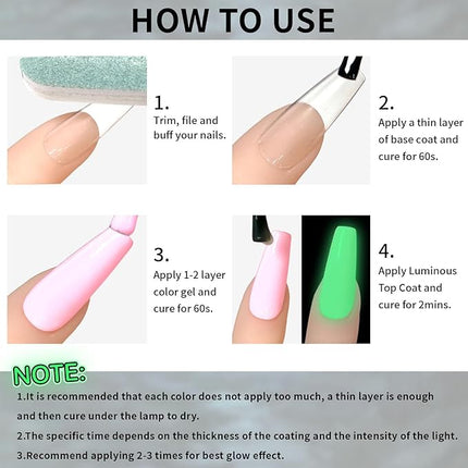 U-Shinein Glow In The Dark Gel, Glow Transparent Nail Top Coat, Long-lasting Luminous Nail Gel Top Coat for Nail Art, UV LED Needed Perfect with Any Colors Salon Pro DIY Home