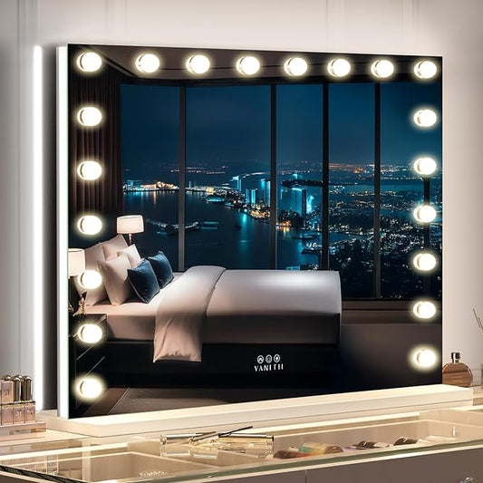 VANITII Large Vanity Mirror with 20 Bulbs Lights 40"x32" RGB Backlit Hollywood Makeup Mirror with Dimmable 3 Lighting Modes Lighted Desktop Wall-Mount Mirror with Smart Touch