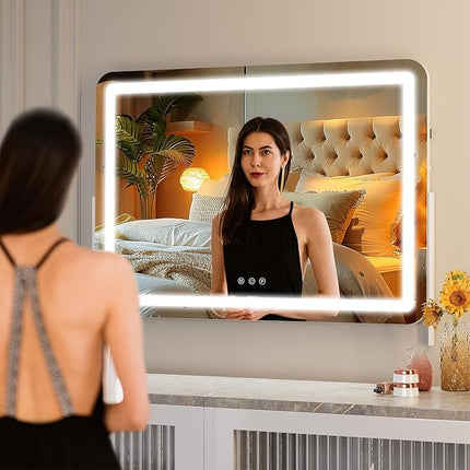 Hasipu Extra Large LED Vanity Mirror 30"x21" - Light up Makeup Mirror with 10X Magnification, Phone Holder, USB Charging & Smart Touch 3-Color Lighting (White)