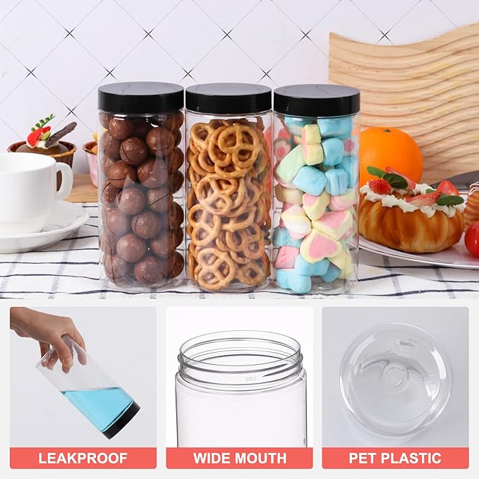 Plastic Jars with Lids 16 oz 24Pack,Empty Clear Plastic Jars with Lids for Storage, Round Leakproof Containers for Nuts,Cookies,Dried Fruit,Small Snacks(16fl.oz,set of 24)