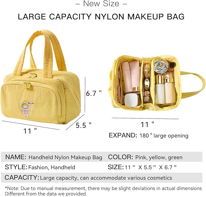 Makeup bag, Large Capacity Cosmetic Bag for Women, Portable Wide-open Toiletry Bag, Travel Makeup Bag with TPU Compartments for Accessories, Essentials, Toiletries, Makeup Brush Bag, Yellow