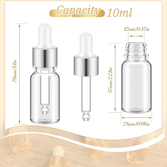 100 Pcs Mini Glass Oil Dropper Bottle Bulk, Clear Essential Small Empty Bottles Sample Containers Perfume Liquid Vials with Cap for Traveling (10 ml,Silver)