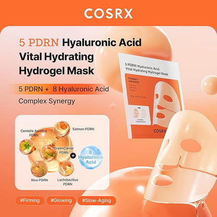 COSRX 5 PDRN Hyaluronic Acid Vital Hydrating Hydrogel Mask, Overnight Hydrogel Face Mask for Glass Glow Skin & Firming with Salmon DNA, Centella PDRN, Korean Skin Care (34g x 3ea)