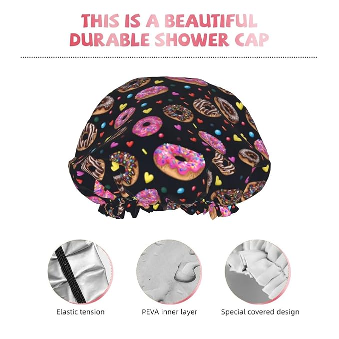 Doughnut Donuts Shower Cap For Women Reusable Waterproof Double Layers Bath Cap Hair Protection Elastic Ladies Spa Salon Shower Hat