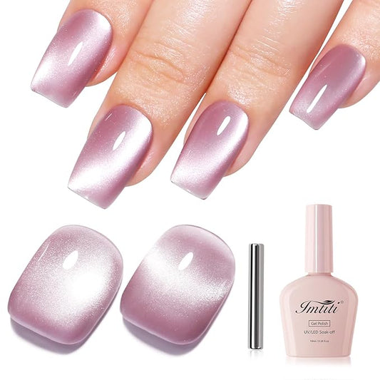 Imtiti Glass Pink Cat Eye Gel Nail Polish with Magnet, Holographic Glitter Shimmer Magnetic UV Gel Polish for Nail Art Soak off UV Led