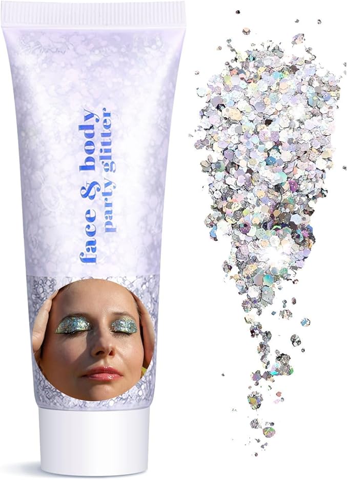 Body Face Glitter Makeup for Kids Women, Sparkly Chunky Hair Glitter, Mermaid Birthday Decorations Rave Outfits for Women (Silver Body Glitter)