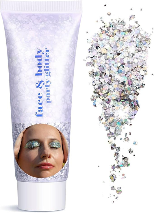 Body Face Glitter Makeup for Kids Women, Sparkly Chunky Hair Glitter, Mermaid Birthday Decorations Rave Outfits for Women (Silver Body Glitter)