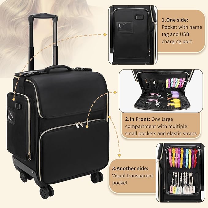 OCHEAL Hairstylist Traveling Case - 360° Rotatable Wheels, Heat Insulation Cosmetic Makeup Trolley Train Case for Hairstylists Hairdressers, Detachable Pouch, Hairdressing Tool Organizer