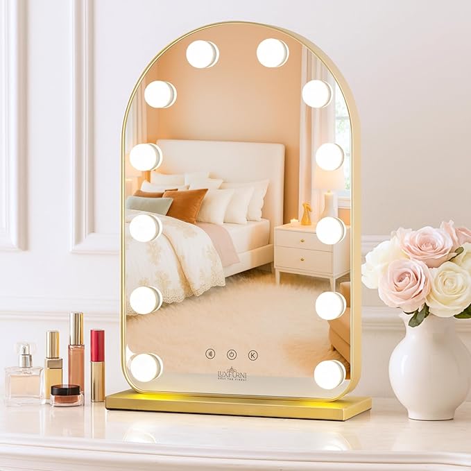 LUXFURNI Vanity Mirror with Lights, 20.5" L x 13" W Arched LED Makeup Mirror, Lighted Makeup Mirror with Lights, Smart Touch Control Dimmable 3 Modes Light, Gold