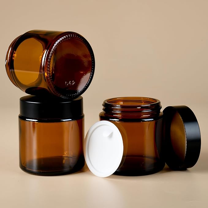 4 oz Reusable Amber Glass Container Jars 24 Pack with Wide-mouth Leak Proof Cap and Inner Pull-On Lid for Travel Storage Makeup, Face Creams, Body Lotions, DIY Crafts or Others