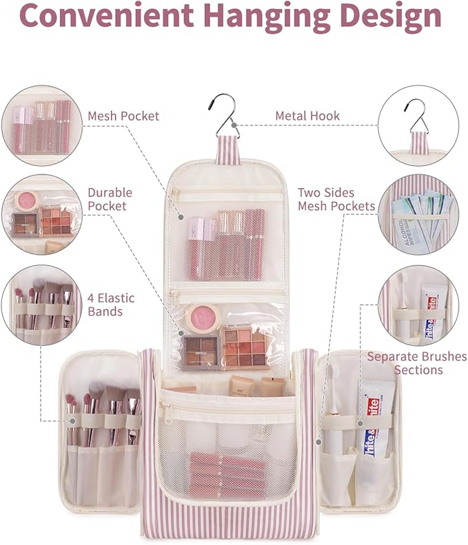 Narwey Striped Hanging Travel Toiletry Bag for Women, Travel Bag for Toiletries, Makeup Bag Organizer Cosmetic Bags Make Up Bags for Women (Dusty Rose Stripe)