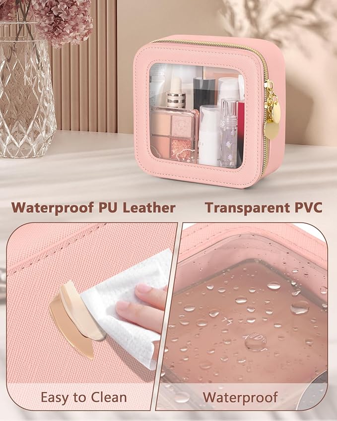 Clear Makeup Bag, Portable Travel Cosmetic Bags, Multipurpose Leather Toiletry Bag with Zipper, Waterproof Transparent Cosmetic Organizer for Women, Mini, Pink