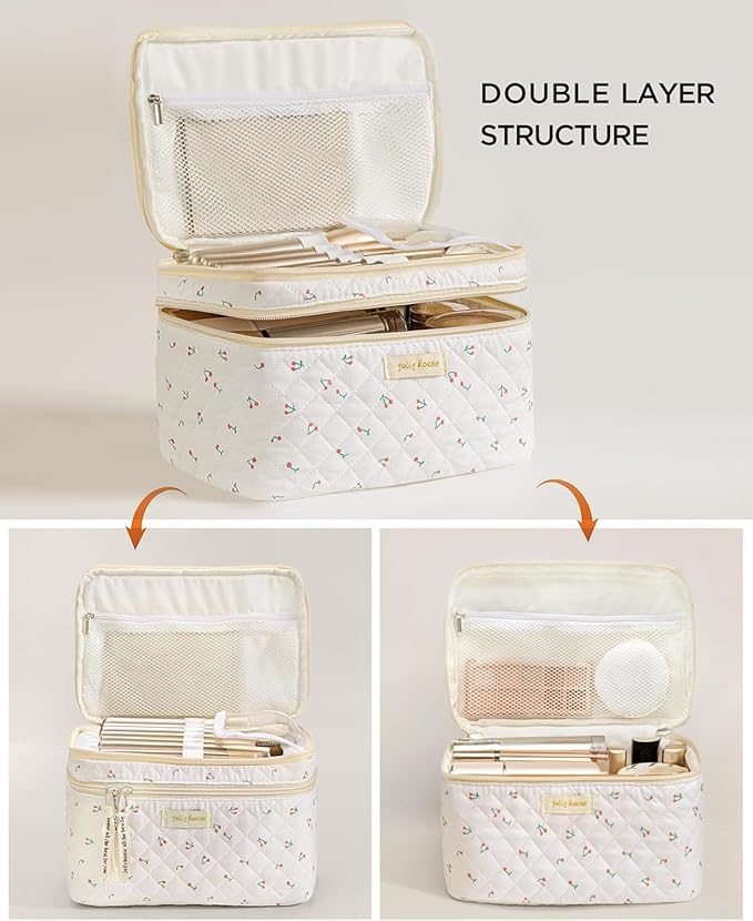 HBselect 2Pcs Travel Makeup Bag, Large Cotton Quilted Makeup Bag Cosmetic Bag Cute Make up Bag Toiletry Bags for Women Girls