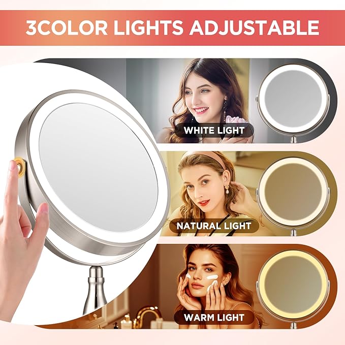 Lighted Makeup Mirror with Magnification, 15x Nickel Lights Makeup Mirror with 3 Colors, 360°Rotation Touch Screen & Rechargeable Double Sided, Brightness Adjustable, Type-C Charging Cable