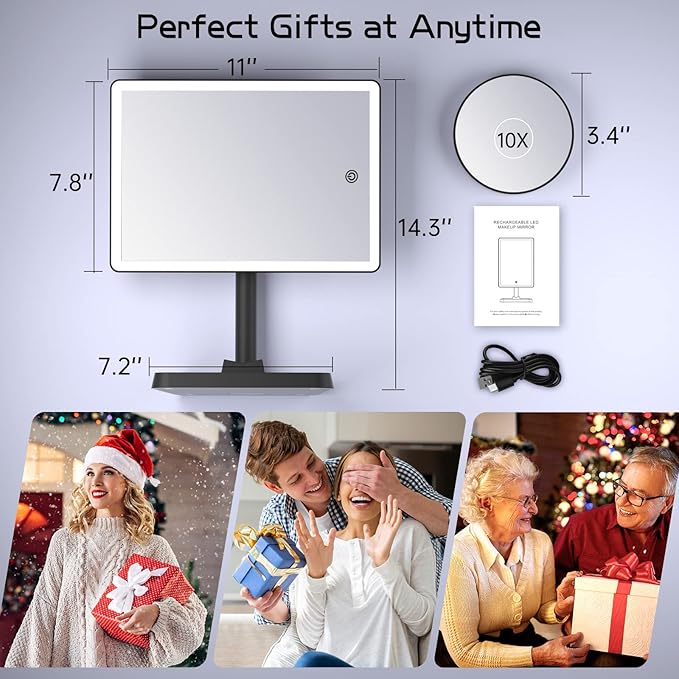 FUNTOUCH Rechargeable Makeup Vanity Mirror with Lights, Large Lighted Desk Makeup Mirror with 96 LED Lights and 10x Magnifying, 3 Color Lighting, Make up Light Mirror with Phone Holder