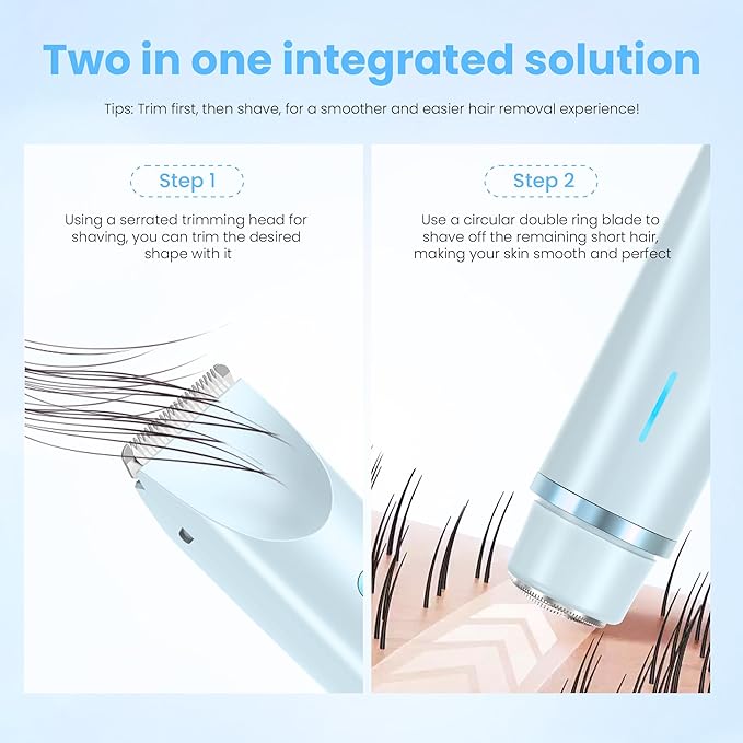 Bikini Trimmer for Women-2 in 1 Dual Head Electric Razors,USB Rechargeable Bikini Electric Shaver,IPX7 Waterproof Dry & Wet Use Body Hair Trimmer and Facial Hair Remover for Underarm Leg Body,Blue