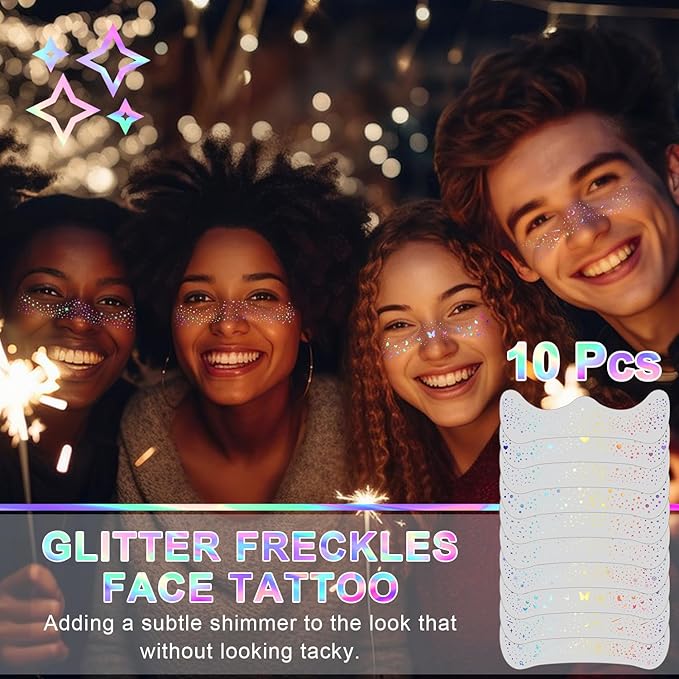 10 pcs Holographic Multichrome Glitter Freckles Face Tattoo, Waterproof Sparkle Face Glitter Speckles Patches for Women, Glitter Temporary Tattoo for Rave (10PCSA Holographic Multicolor)