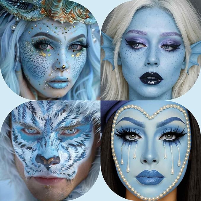 BOBISUKA Light Blue Face Body Paint, Water-Based Face Painting Kit & Body Paints, Kids Adults Facepaint for Halloween Sally Avatar Corpse Bride Smurf SFX Makeup, Costume Cosplay Party Theater & Stage