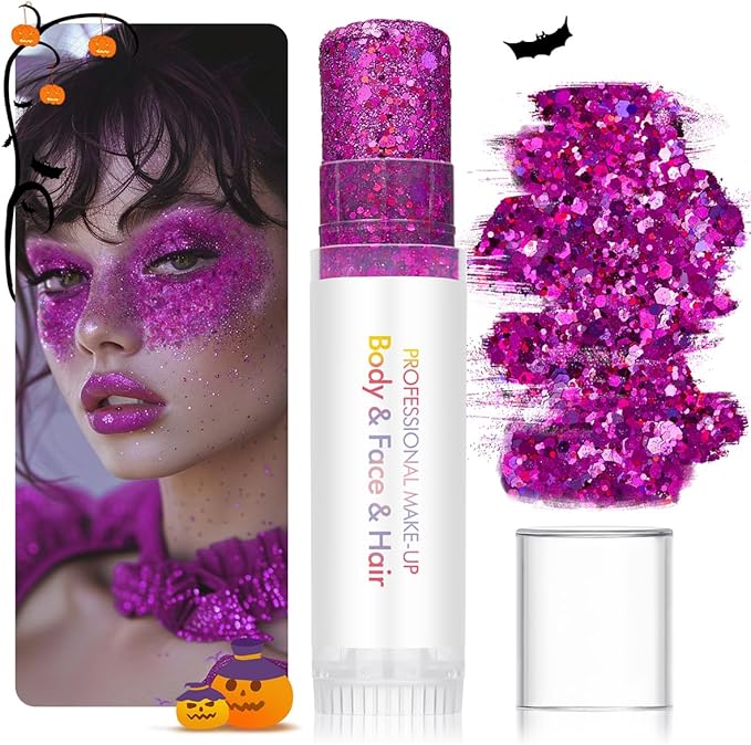 Body Glitter Stick Black Face Glitter Purple Hair Glitter Halloween Face Paint Rave Makeup Glitter Festive Face Gems Christmas Fine Chunky Glitter Stick for Women Girls 2Pack