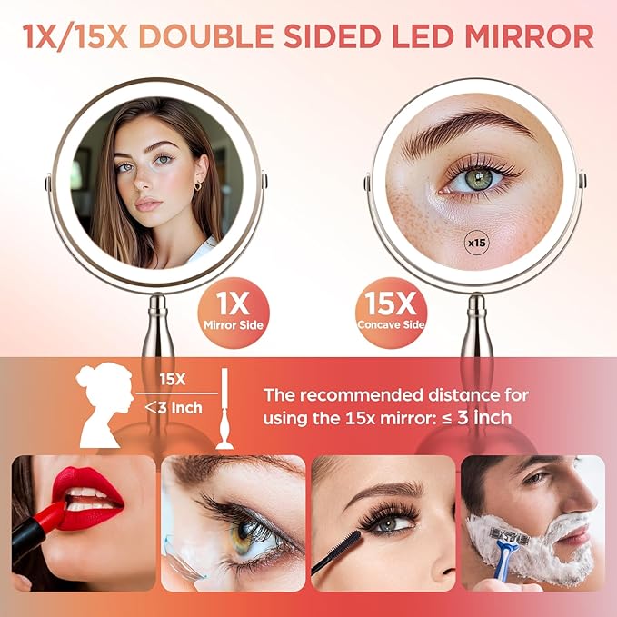 Lighted Makeup Mirror with Magnification, 15x Nickel Lights Makeup Mirror with 3 Colors, 360°Rotation Touch Screen & Rechargeable Double Sided, Brightness Adjustable, Type-C Charging Cable