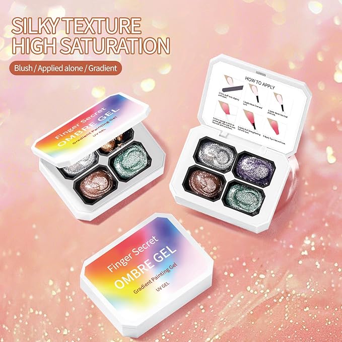 Finger Secret 4 Colors Set Ombre Pat Gel Glitter Nail Polish Shine,Patting Ombre Pigment Palette for Nail with 20Pcs Nail Sponges for Gradient Gel Painting Nail Art Ombre Pat Gel Nail Polish