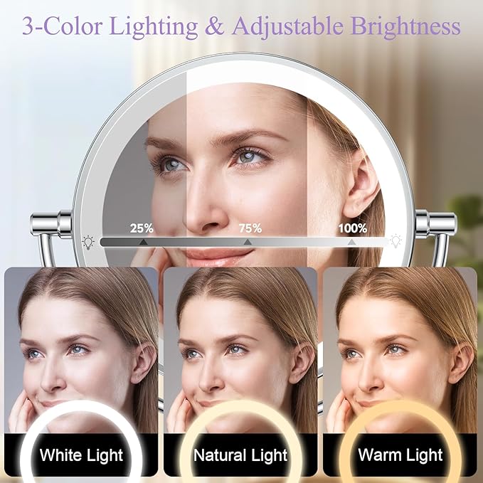 Wall Mounted Makeup Mirror with Lights, Magnifying Mirror 10X/1X Double-Sided, Plug-In Vanity Mirror with 3 Color Lights & Brightness Dimmable, 360°Swivel Extendable Mirror for Grooming & Shaving