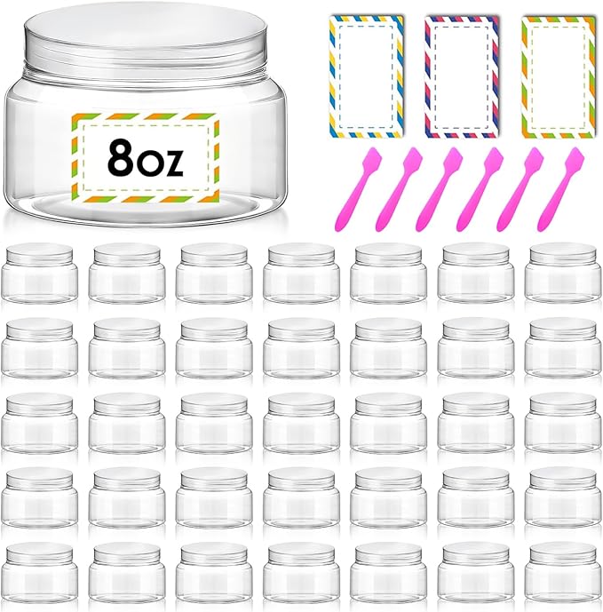 36 Pack 8 oz Plastic Cosmetic Containers With Lids Refillable Clear Empty Travle Jars Containers for Body Butter,Sugar Scrubs,Cream,Lotions,Candy, Waterproof Label&Spatulas - (Clear Lid)