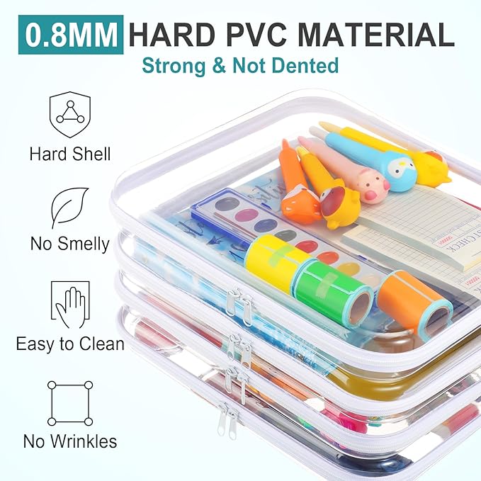 Hoolerry 4 Pcs Hard Clear Zipper Case Makeup Bags Plastic Pencil Pouch Transparent Storage Box Containers for Cosmetics, Snacks, Building Blocks, Puzzles(White,13.8 x 11.8 x 2 in)
