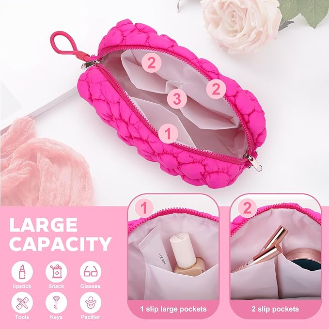 Quilted Ruffle Makeup Bag, Travel Toiletry Organizer for Women with Wrist Strap, Cute Aesthetic Cosmetic Bag for Daily, Work, Ideal Gift (HOT PINK)