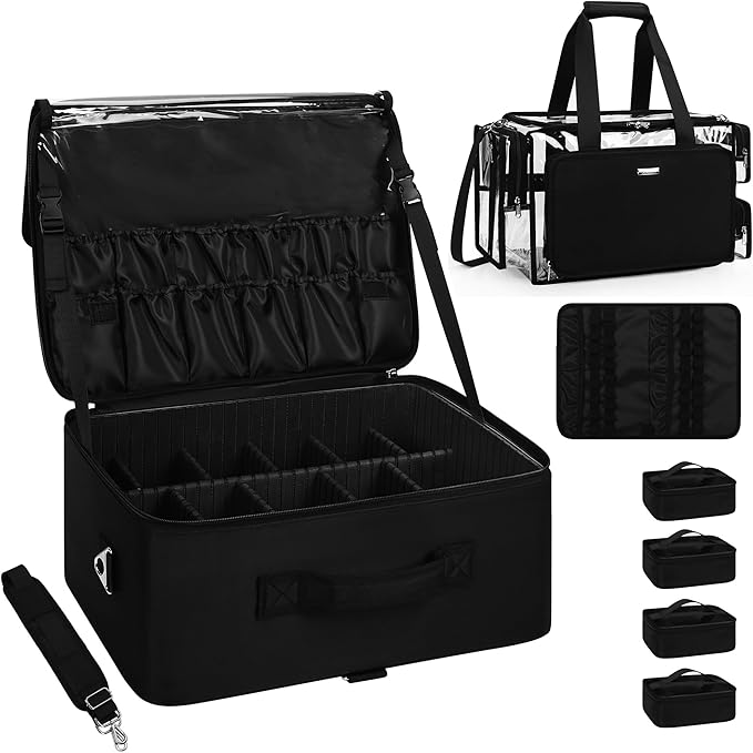 Relavel Extra Large Makeup Case and Clear Makeup Bag, Professional Cosmetic Storage Organizer Box Brush Holder with 4 Clear Set Bags & Lipstick Plate for Makeup Artists with Adjustable Dividers, Black