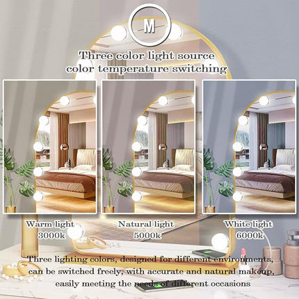 THEKLA Gold Arch Hollywood Vanity Mirror with Lights Dimmable 3Color 12 Bulbs Hollywood Vanity Lighted Mirror for Bedroom Wall Detachable Base Stand X10 Magnifying Arch Vanity Makeup Desk Table Mirror